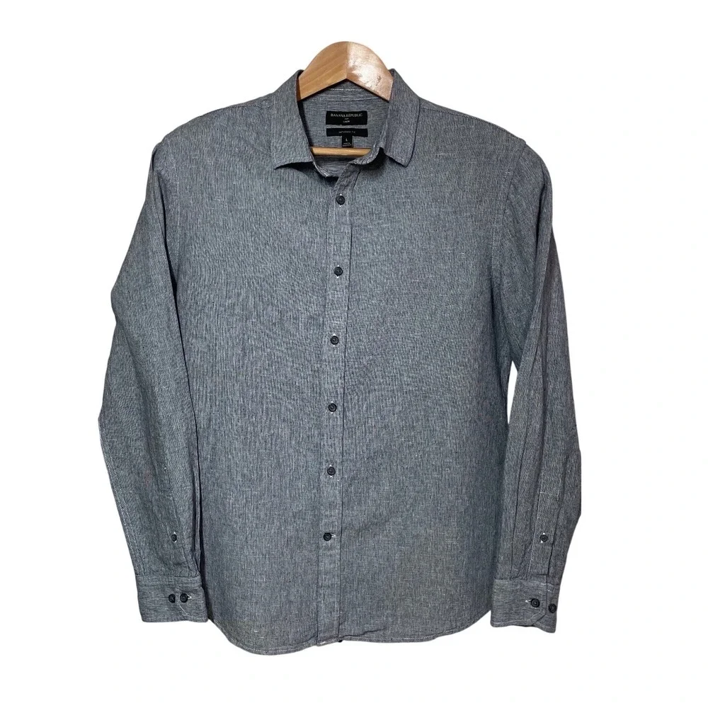 Banana Republic Mens Large Gray Linen Cotton Untucked Fit Long Sleeve Shirt